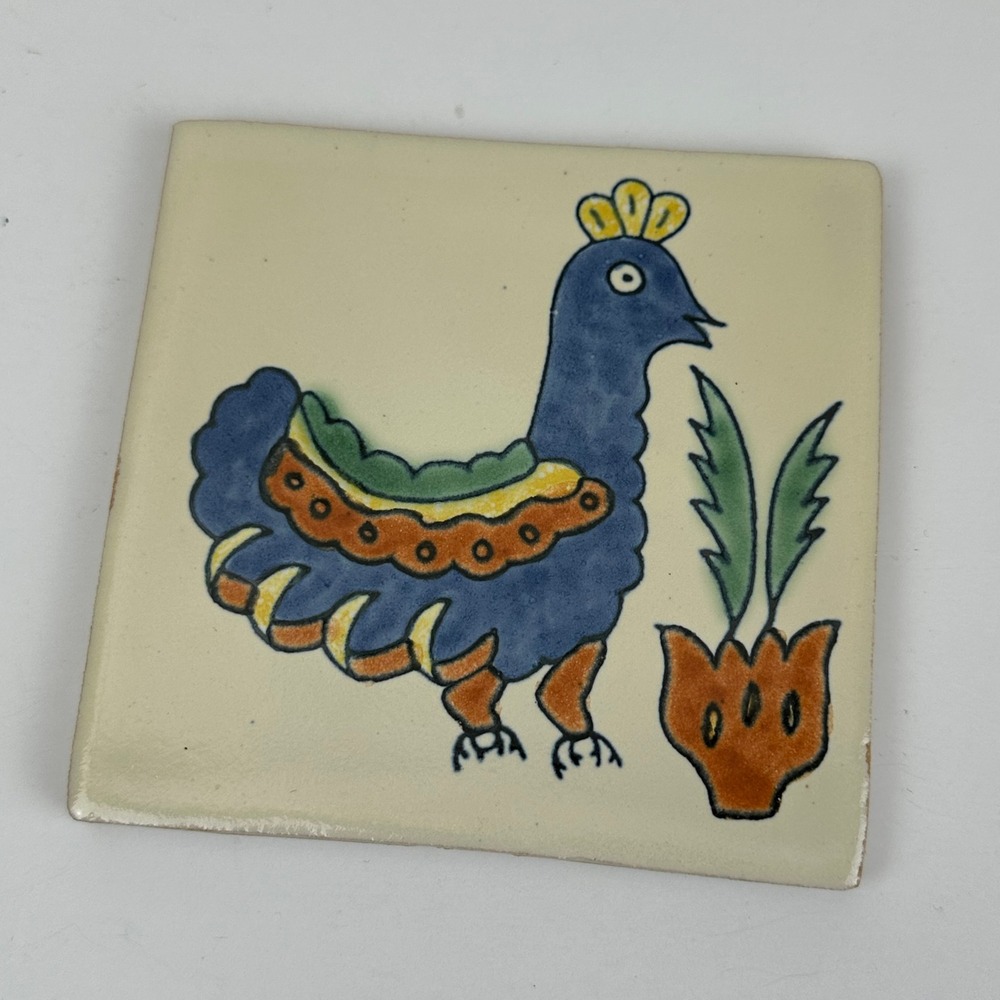 Vintage Folk Art Hand Painted Ceramic Bird Coaster Tile Cork Back Blue Orange 4"
